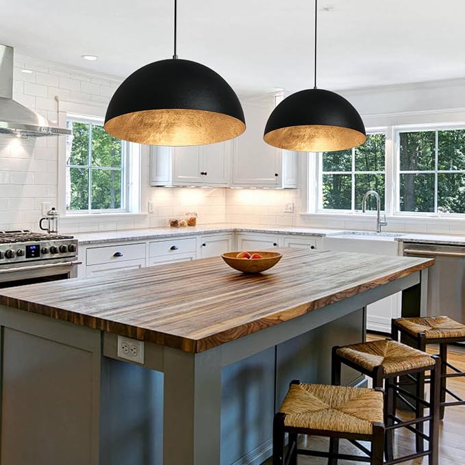 15 Inch Black and Gold Leaf Pendant Light, Grainy Matte Black Dome Chandelier with Hand-Applied Gold Leaf Interior, E26 Socket for Kitchen Island, Dining Room, or Bar