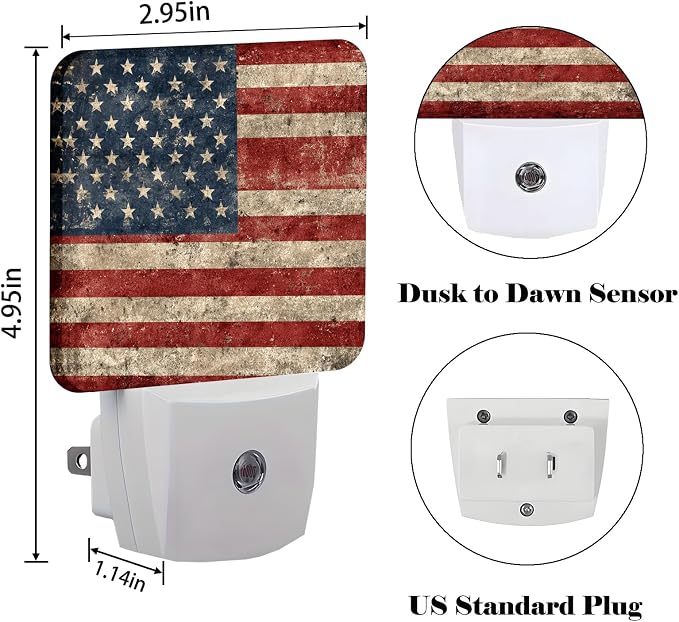 American Flag Night Light,Plug Into Wall for Boys Girls Bedroom Decorative Square Night Light Lamp 0.5w Sleep Friendly