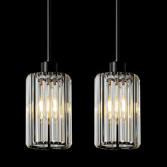 5.1" Mini Modern Black Crystal Kitchen Island Pendant Lights 2 Pack | Small Crystal Glass Shade, Sparkling Crystal Reflections, Customizable Hanging Height, Fits Most Ceilings, Matte Black Finish