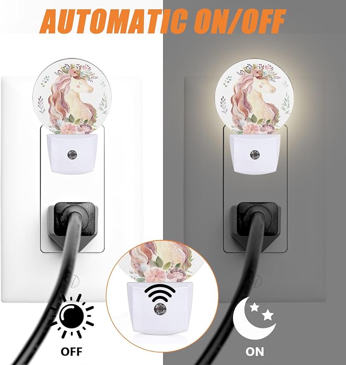 Cute Pink Horse Night Light, Groovy Flowers Nightlight Plug into Wall LED Lamp Auto Sensor Dusk to Dawn for Bedrooms/Kitchens/Toilets/Corridors,Energy-Saving