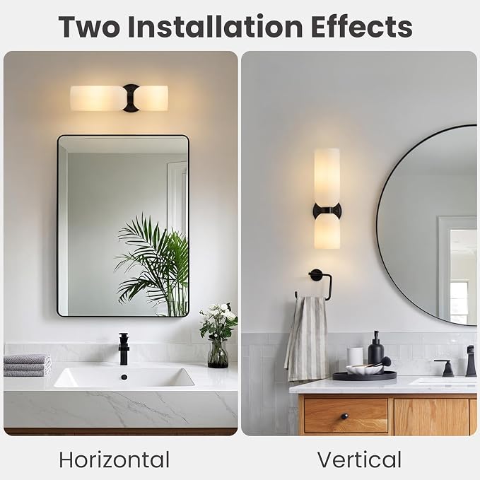 Mid Century Bathroom Wall Sconce: Set of 2 Modern Milk Glass Black Lights | Frosted Milky White Indoor Dimmable Lighting Fixture with Bulb, Brushed Brass Double Vanity Sconces for Bedroom Living Room