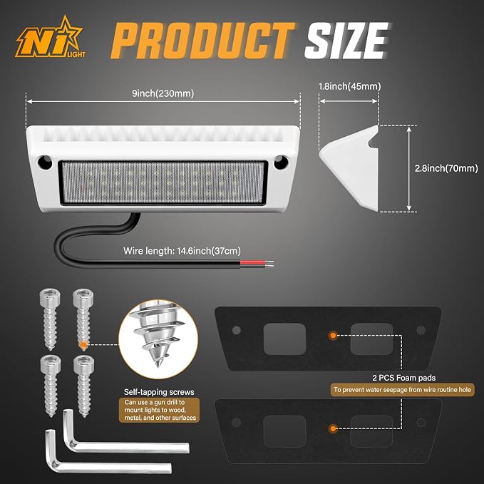 Nilight 2PCS 9 Inch RV Exterior Lights White Beam for RV Trailer Camper SUV | 2PCS LED porch scene cargo light, white aluminum housing, 12V 24V waterproof for RVs trailers campers 5th wheels