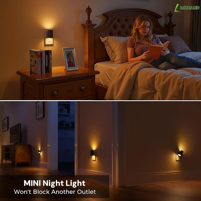 L LOHAS LED Amber Night Light, Yellow Nightlight,Rotating,Dimmable 50/100LM | Plug into Wall, Warm Circadian Nightlight,Light Sensor Nightlight Plug in, Adults Hallway Bedroom Bathroom[Black Shade,4Pack]