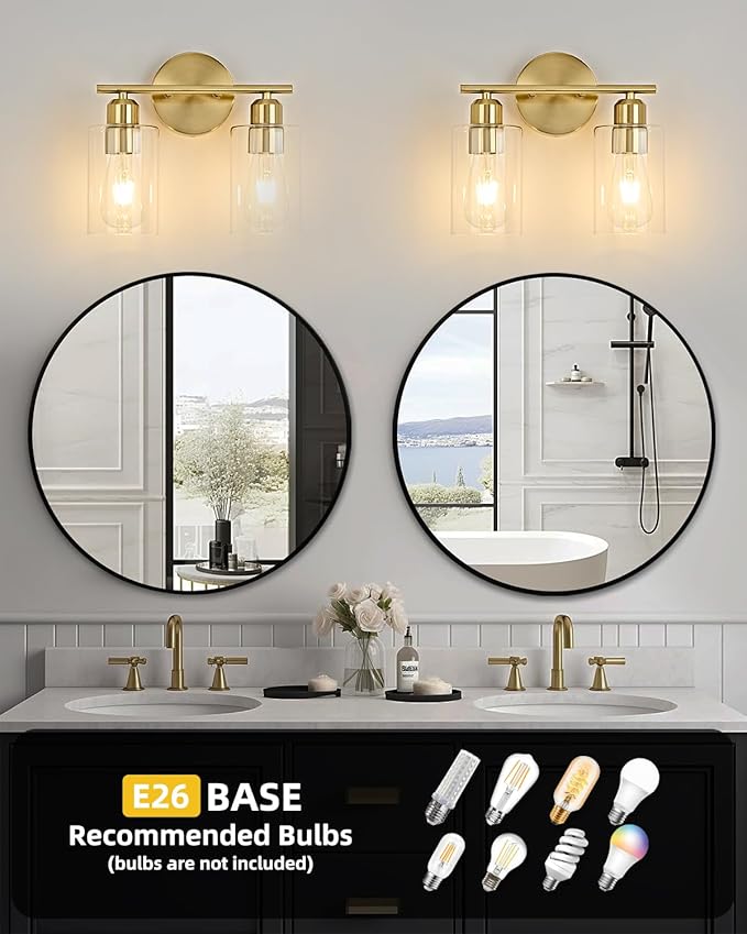 2-Light Bathroom Light Fixtures, Gold Bathroom Vanity Lights, Bathroom Lighting Fixtures Over Mirror with Clear Glass Shade, Wall Sconce Light for Bedroom, Living Room and Hallway