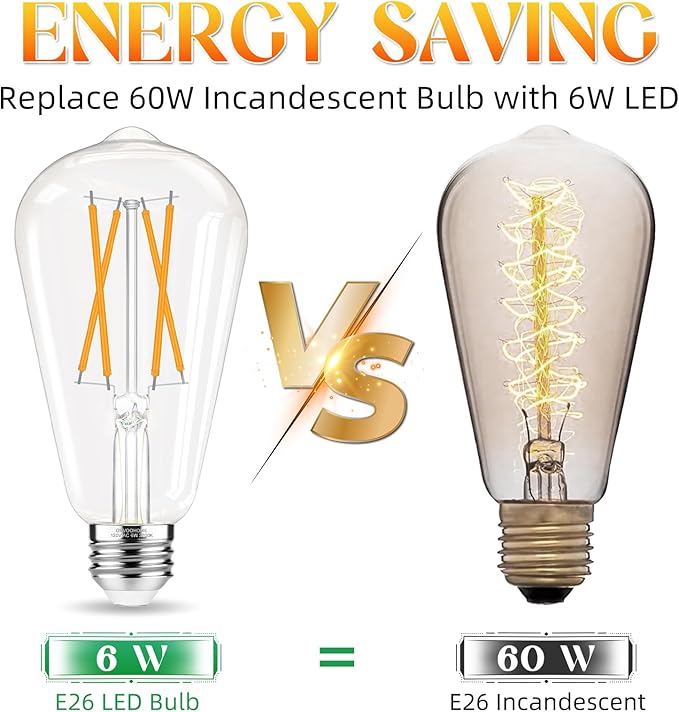 LED Edison Bulbs, E26 Bulb 60 watt Equivalent, Non-Dimmable, Soft White 2700K, ST58 Vintage Light Bulbs, 90+ CRI, 6W 600LM, E26 Medium Base, Clear Glass, 6 Pack