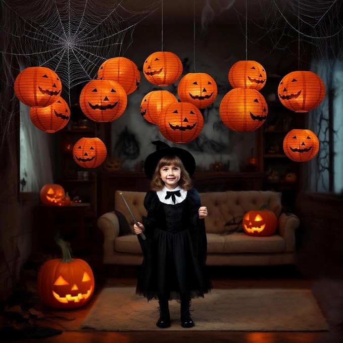 12pcs 10in Floating Jack-O-Lanterns | with Wand Remote and 24pcs LED Tea Lights for Decor