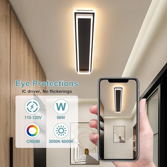 Dimmable Led Ceiling Light with Remote Control Modern Linear Flush Mount Ceiling Lighting Fixture Acrylic Long Ceiling Lamp for Living Room Kitchen Dining Room Hallway (Black&White,39.3inch)
