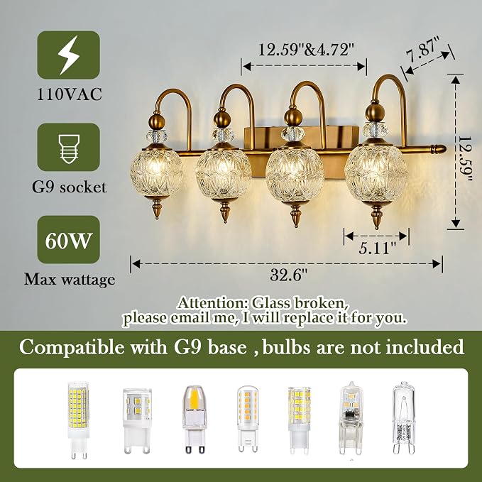 Piepooye Vintage Bathroom Light Fixtures Gold Vanity Light with Glass Globe LampShade 4 Lights Brushed Brass G9 Bulb Wall Sconce Antique Indoor Vanity Light Over Mirror for Kitchen Bedroom Living Room
