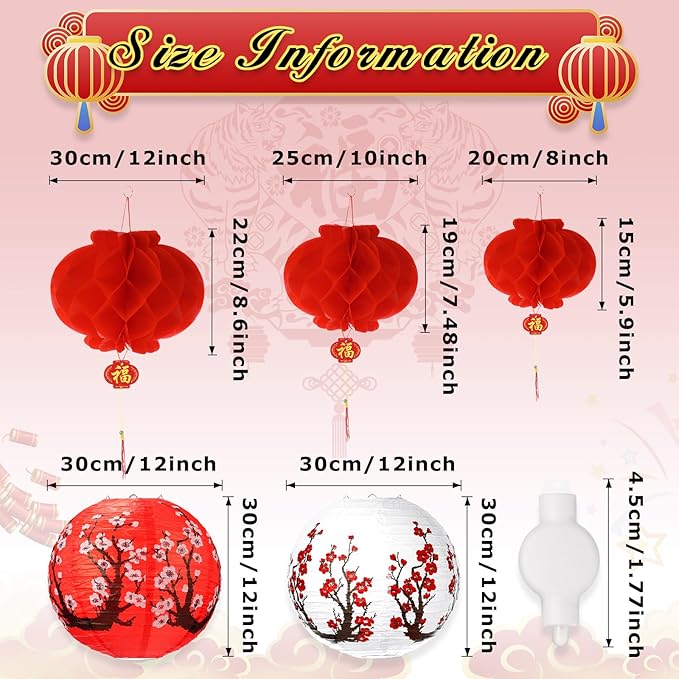 Tuanse 30 Pcs Chinese Japanese Paper Lanterns with LED Light, 2026 Chinese Lunar New Year Decoration Cherry Blossom Red Hanging Lanterns for Spring Festival Home Decor(12 Inch,Red, White)