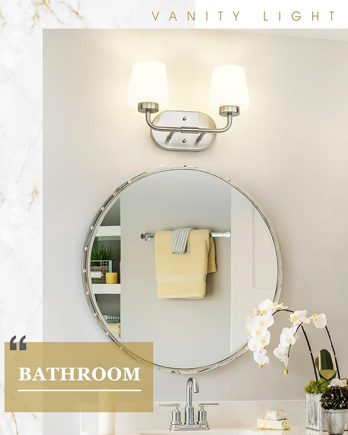 2-Light Bathroom Light Fixtures Over Mirror, Brushed Nickel | Vanity Lighting Fixtures with Milk White Glass, Vintage Farmhouse Wall Sconces Lighting, AD-22004-2W-SN