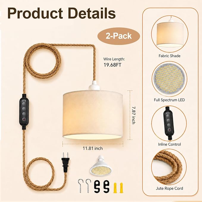 2 Pack Hanging Grow Light for Indoor Plants, Full Spectrum LED | with Timer, 3500K Decorative Hanging Lamp, 19.68FT Power Cord, For Living Room Bedroom Office Plant Shelf