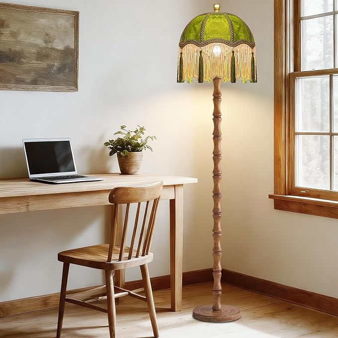 ILLMTW Vintage Floor Lamp for Living Room,Bedroom,Dimmable Standing Lamp with Remote,Green Mid Century Gold Tall Lamp Boho Retro Floor Light Wood Fringe Tassel Flower Unique Tiffany Victorian Decor