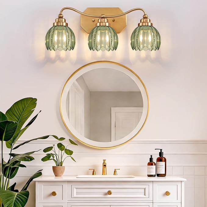 Vintage Gold Vanity Lights, 3 Light Tulip Crystal, Antique Brass Finish | Brushed Gold Bathroom Light Fixtures, Green Wall Sconce Ideal for Bedroom, Living Room, E26 Compatible, Easy Install