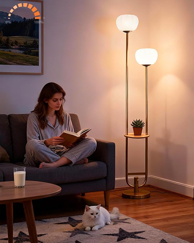 Lightdot 63IN Gold Floor Lamp Dimmable Standing Lamps with Tray Pumpkin Bulbs Included Unique U-Pole Mid Century Modern Tall Lamp with 5Lbs Heavy Base for Living Room/Party/Sofa Beside/Corner Decor