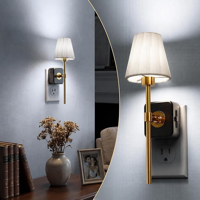 L LOHAS LED Night Lights Plug into Wall, Pleated Fabric Cover Night Light | 5000K Daylight with 0-100LM Dimmable Night-light, Dusk to Dawn Sensor Vintage Nightlight for Bedroom Living Room