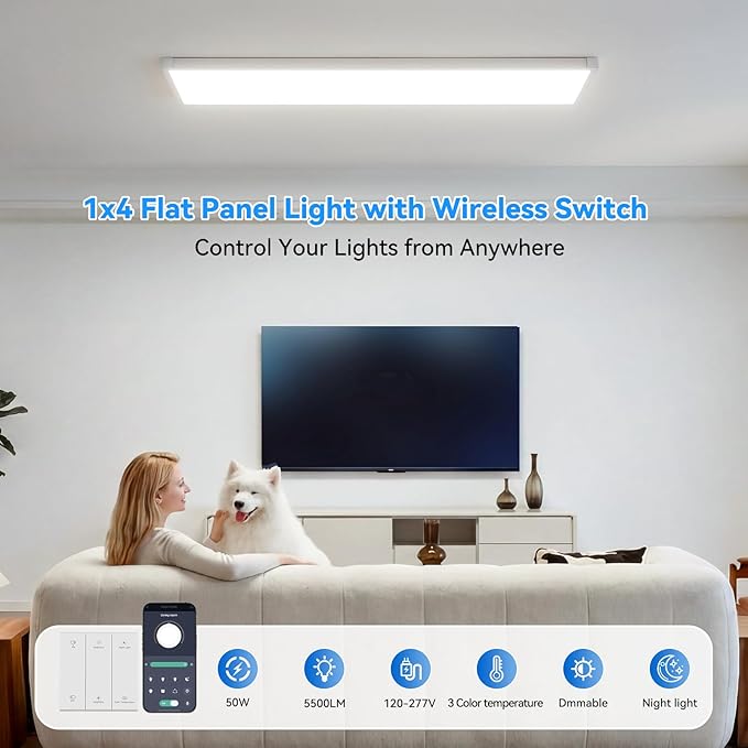 AIKVSXER 18PCS 1x4 LED Flat Panel Light Surface Mount with Wireless Switch | App Control, Night Mode, 50W 5500LM, 3000K/4000K/6500K, Ultra-Thin LED Light for Office Home,120-277V - White