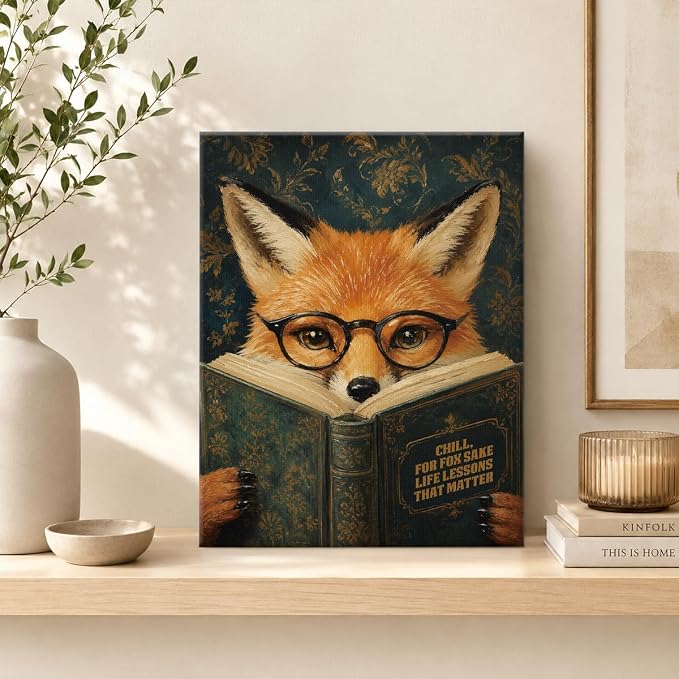 NSFBESSLIA Funny Reading Fox Painting, Whimsical Vintage Animal Decor, Chill For Fox Sake, Literary Cottagecore Wall Art for Living Room Bedroom Entryway, 8x10 Inch