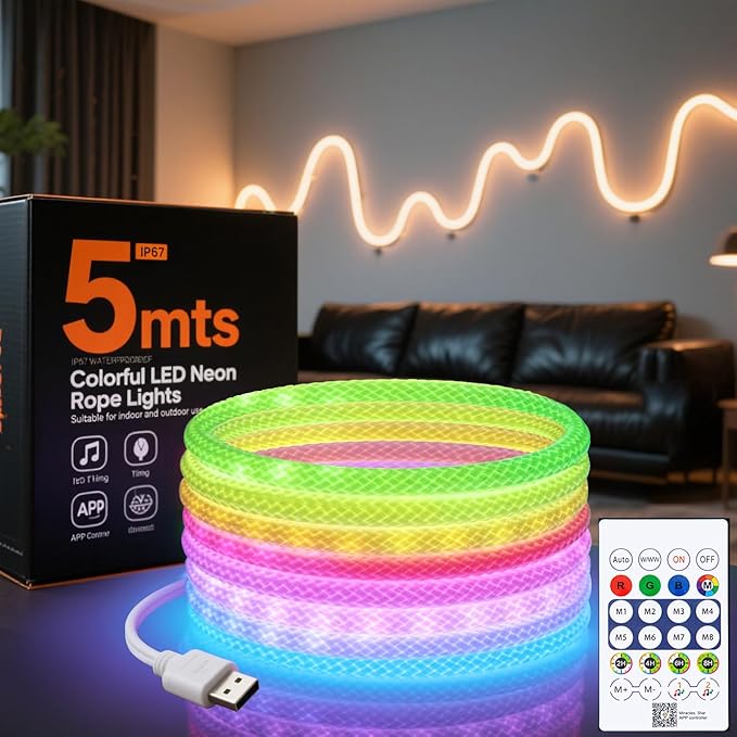 Rope Lights, 16.4FT USB Powered Rope Light,LED Chasing Meteor neon Light, Suitable for in Door Game Rooms, Living Rooms, bedrooms, Wall Decoration, and Supports Music Synchronization