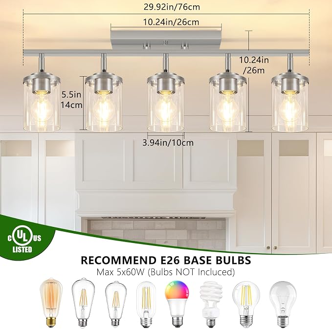 FadimiKoo 5-Lights Brushed Nickel Track Ceiling Light Fixtures, Modern Close to Ceiling Light with Clear Glass Shade, Large Hallway Lighting Fixtures for Dining Room Kitchen Living Room