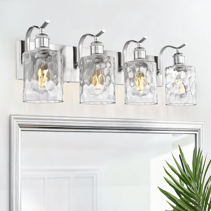 4-Light 27 Inch Bathroom Vanity Light,Hammered Glass,Nickel | Brushed Nickel,Over Mirror Wall Light,E26 sockets,for bathroom mirror,powder room,dressing area