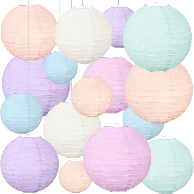 16 Pcs Pastel Paper Lanterns Party Decorations 4'' 6'' 8'' 10'' Colorful Hanging Lanterns Classroom Ceiling Decor Macaron Color Round Decorative for Indoor Outdoor Back to School Wedding Birthday