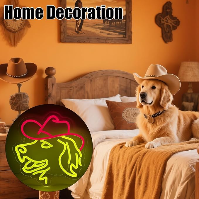 Golden Retriever Neon Sign Cute Dog with Cowboy Hat LED Light Signs Retro LED Signs Red and Yellow Neon Sign for Bedroom Home Wall Decor Western Birthday Wedding Party Decorations Dog Lovers Gifts