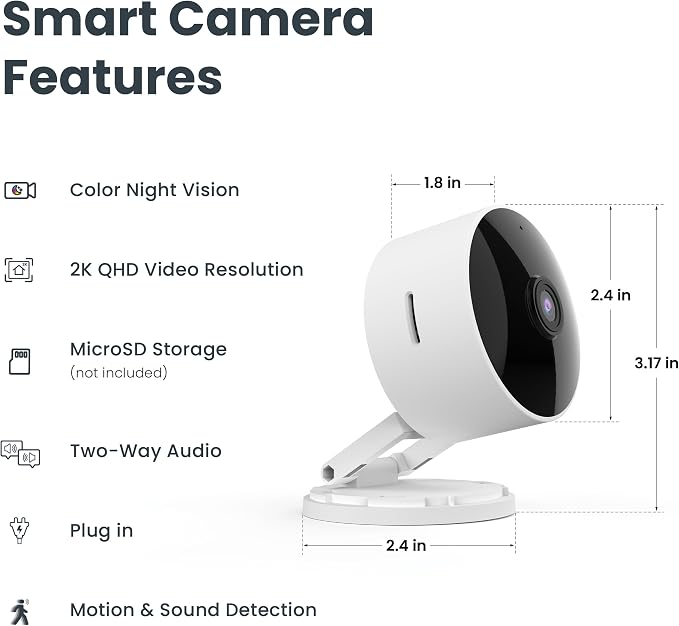 Feit Electric Indoor Security Camera, 2K WiFi Indoor Camera for Pets & Home Monitoring, AI Motion Detection, Plug-in Camera with Night Vision, Two-Way Audio, Local Storage, Works with Alexa & Google