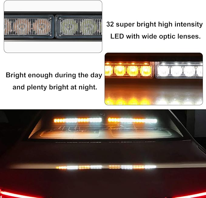 ASPL 2x16.8 inch Emergency Flashing LED Traffic Advisor Strobe Light Bar 32LED 26 Flash Patterns Interior Safety Warning Lights (Amber/White)