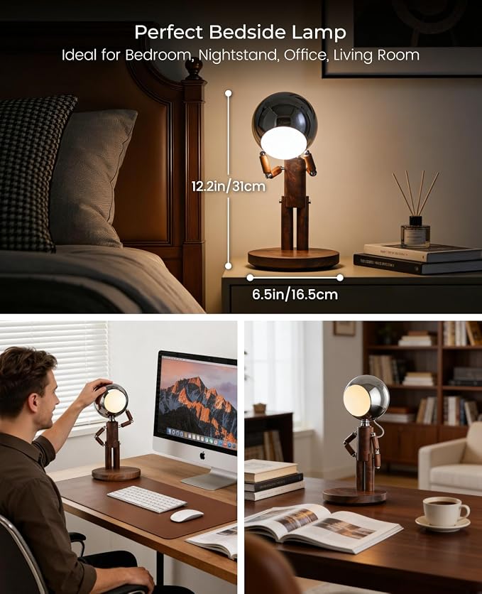 Cordless Table Lamp, Rechargeable Wooden Desk Lamp, Dimmable, Gift | Black Walnut, Touch Control, 3 Color Temperatures, Stepless Dimming, Home Decor, Gifts, Nightstand Robot Lamp