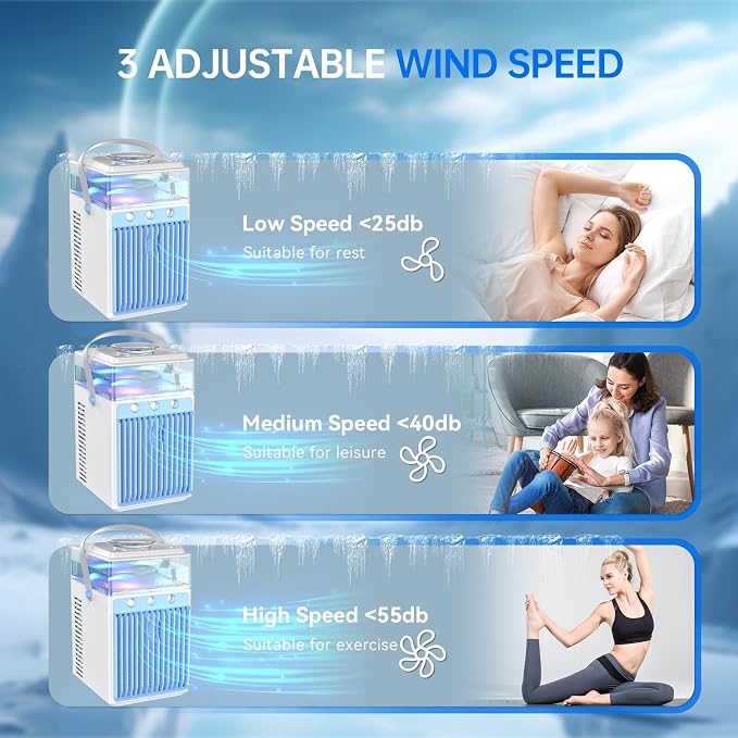 Portable Air Conditioners: 5 in 1 Mini AC Fan with 800ML Water Tank App Control Evaporative USB Powered Rechargeable Personal Cooling for Bedroom Night Light Office Desk Camping Tent Car