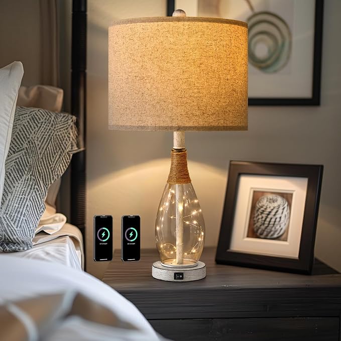 23" Table Lamps for Living Room Set of 2 Bedside Lamps for Night Stands Bedroom Lamps Farmhouse Rattan Boho Lamp Glass Nightlight End Table Lamp with USB C+A (White),Two Light Points