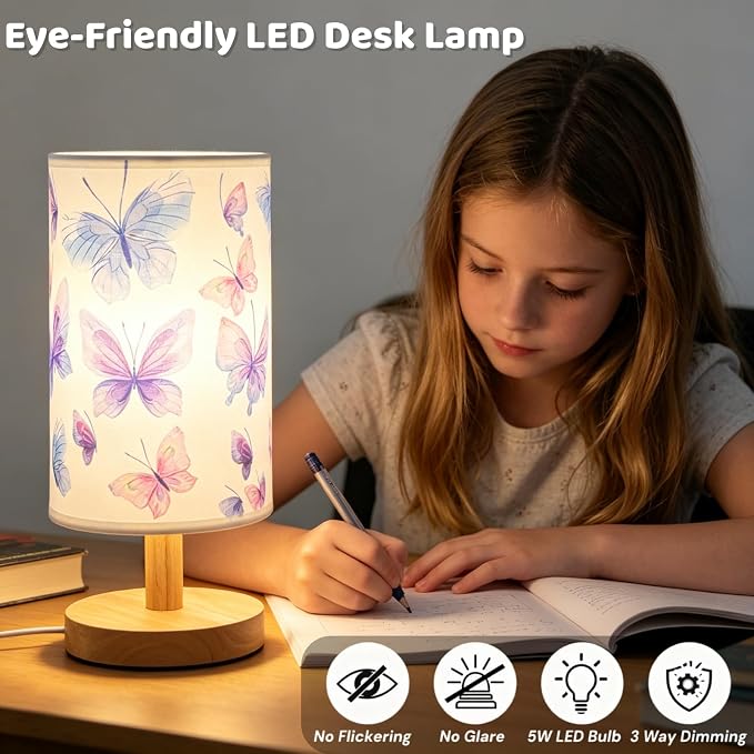 Butterfly Kids Table Lamp for Bedroom Girls Bedside Lamps 3 Colors Modes LED Nightstand Night Light with Cartoon Linen Lampshade Desk Lamp for Girls Boys Room Nursery Decor,Butterfly Gifts for Girl