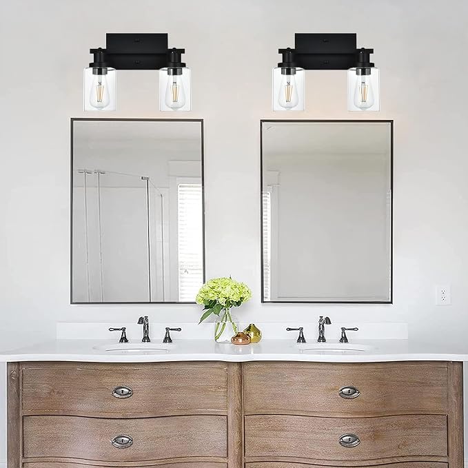 MELUCEE 2 Light Wall Scone Spotlight Semi Flush Mount Ceiling Light | 12.2 Inch Black Bathroom Lights Rotatable Track Lighting Kit for Hallway Porch Foyer Bath Storage, Clear Glass Shade