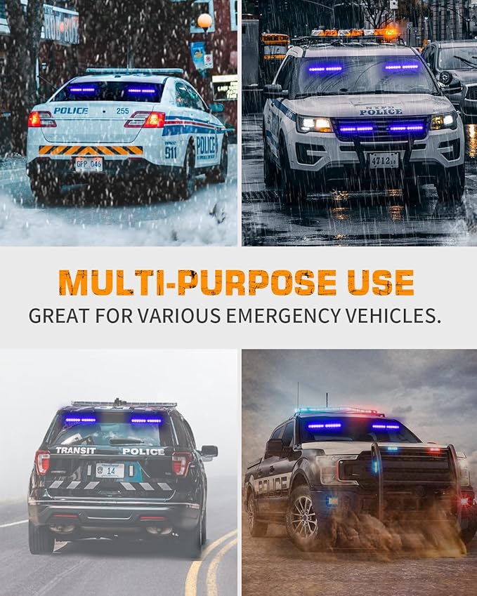 XRIDONSEN 2x 10.7 inch Blue Emergency Lights 24 LED Warning Flashing Safety Side Window Front/Rear Windshield Strobe Lights Grill Surface Mount for Police Firefighter POV Ambulance Vehicles Trucks Car