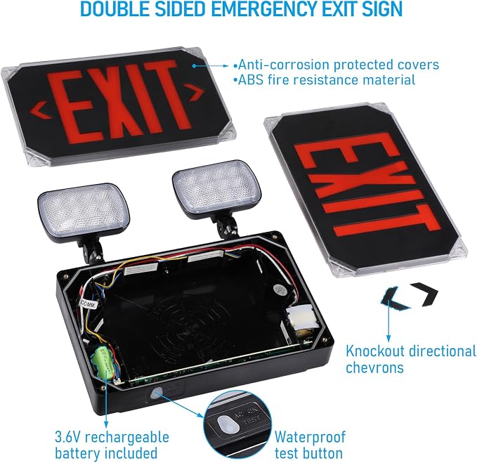 LEONLITE 4-Pack Wet Location LED Exit Sign with Emergency Lights Black | UL Listed, AC 120/277V, Outdoor Hardwired Red Letter Exit Light with Battery Backup, 2 Dual Heads, Double Face