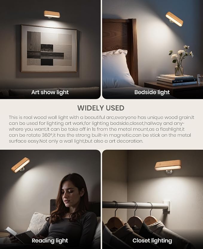 2Pack Battery Operated Wall Sconce, Wood Magnetic 360° Rotation | Bedside Reading, 360° Rotation, Stepless Dimming, 4000K Natural Light, Magnetic Installation for Bedroom Wall Lamps