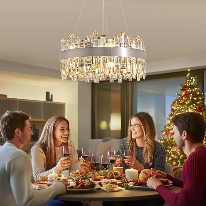 Siljoy Modern Crystal Chandelier, 12-Lights Contemporary 2-Tiers K9 Crystal Raindrop Chandelier Flush Mount Crystal Pendant Ceiling Light Fixture for Dining Living Room Kitchen Island D19.7''