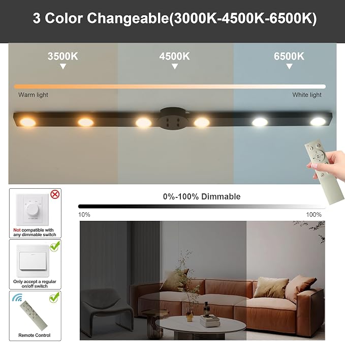 Garwarm 47 Inch Modern Ceiling Light, LED Dimmable Low Profile with Remote | Black Flush Mount Track Lighting Fixtures Ceiling with Rotatable Light Heads,3000K-6500K for Kitchen, Dining Room, Bedroom