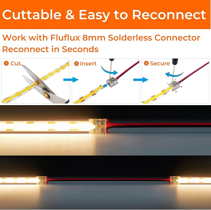 24V DC COB LED Strip Lights 3000K, 100FT UL Listed LED Tape Light, CRI95+, Dimmable, 3W/FT, Cuttable for Kitchen, Under Cabinet Lighting (Power Supply Required, Not Included)
