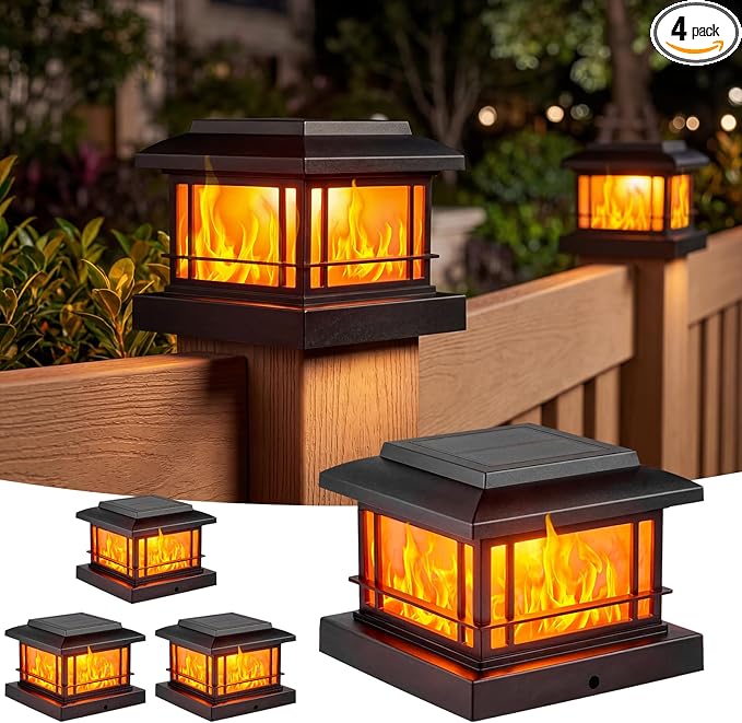 JOFIOS Flickering Flame Solar Post Cap Lights Outdoor, Black Post Lights with 3 Color Temperature, Fits 3.5" 4" 4.5" 5" Wood/Vinyl Posts, IP64 Waterproof Fence Deck Lights for Garden Patio Yard 4 Pack