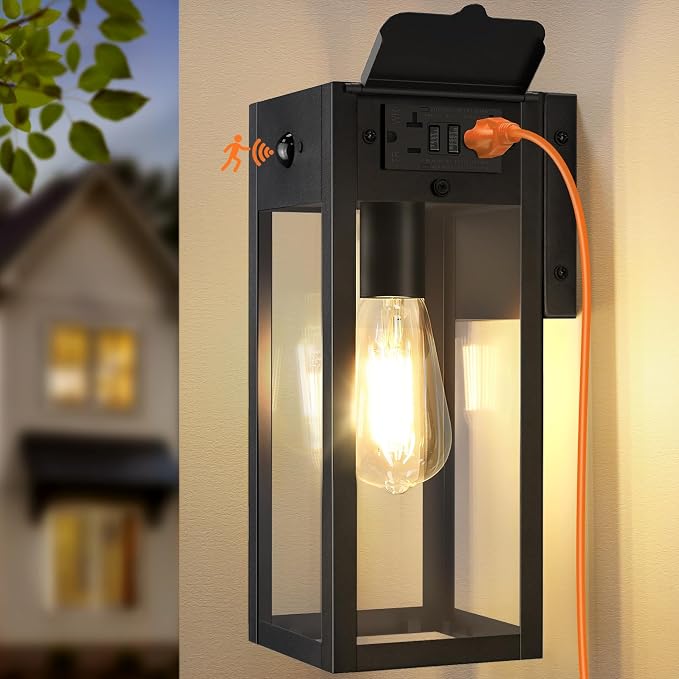 Porch Lights with GFCI Outlet, Large Motion Sensor Outdoor Lights | Dusk to Dawn, Anti-Rust, Waterproof, Tempered Glass, Easy Installation, E26 Socket, Exterior Lighting for Patio Garage, Black