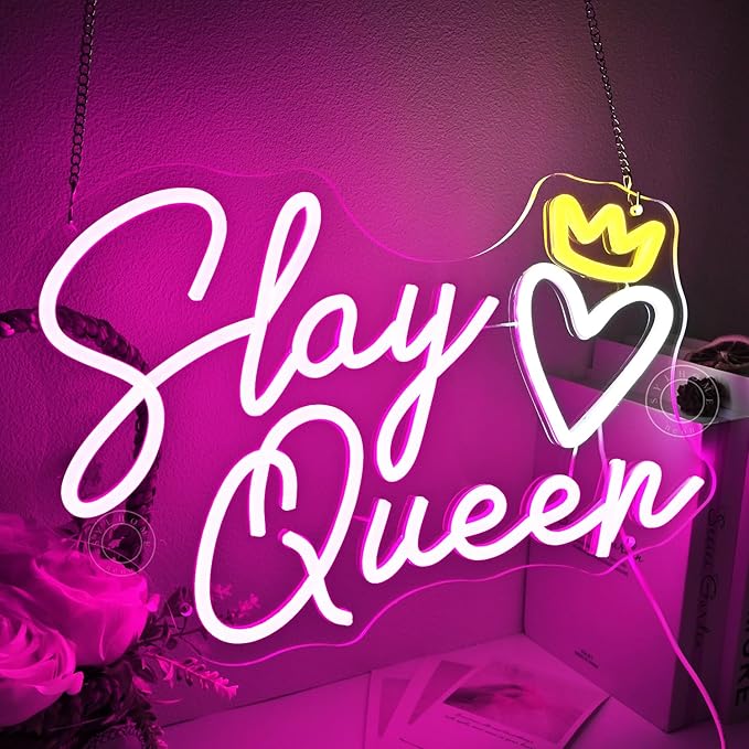 SYLHOME Slay Queen Led Neon Light Sign Heart Crown Bedroom Girls Game Room Cool Wall Sign Decor Teen Kids Birthday Party Decor 15.75" X 10.24" USB Dimmer