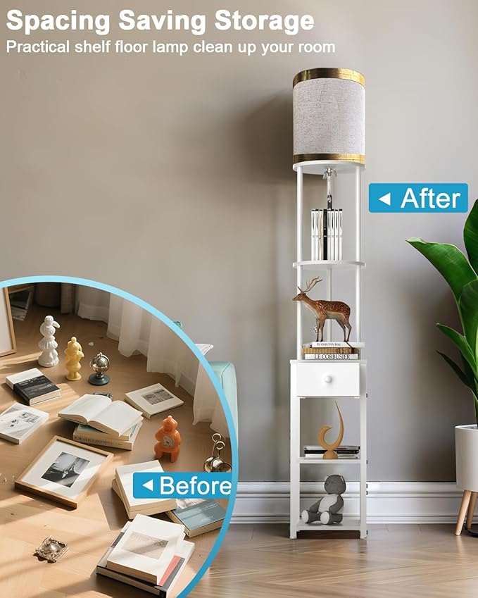 Lightdot 65IN Floor Lamps with Storage Table&Drawer, Corner Shelf Lamps with White End Table and Fabric Shade, Modern Standing Tall Lamp for Living Room/Bedroom/Sofa Beside/Corner Decor(Bulb Included)