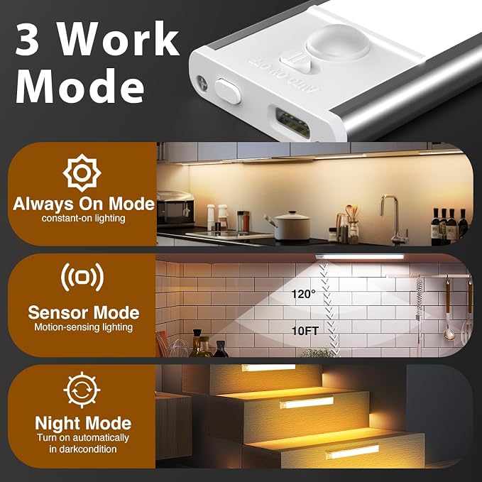 DAYBETTER 12inch Under Cabinet Lighting,4 Pack Motion Sensor Light Indoor | Rechargeable LED Light,3 Color Temps,5 Levels Dimmable,Magnetic Closet Light,Wireless Under Counter Lights for Kitchen,Stairs
