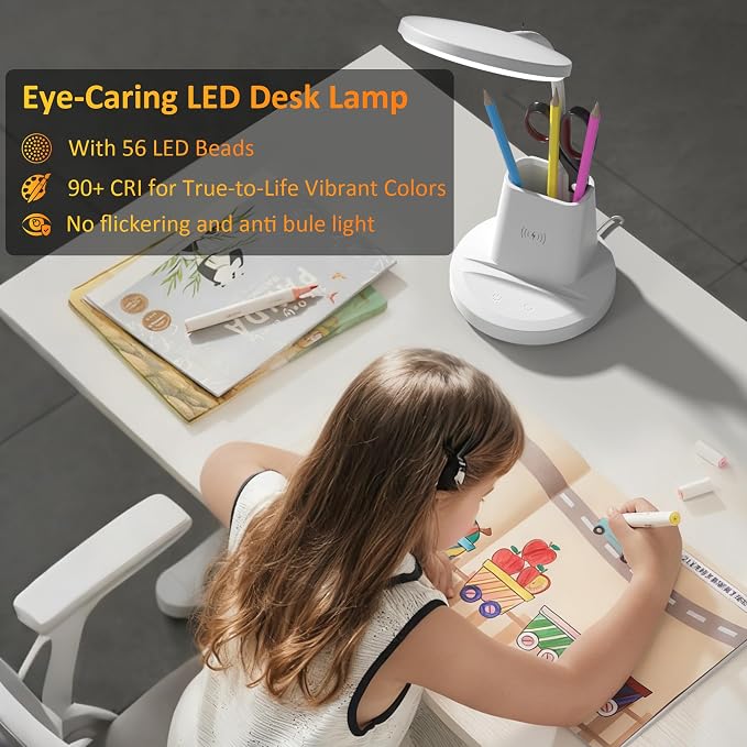 LED Desk Lamp with Wireless Charger for Home Office, White | 3 Color Modes Dimmable Eye-Caring Study Desk Light for College Dorm Room, 360° Flexible Arm, Built-in Pen Holder, 800 Lumen