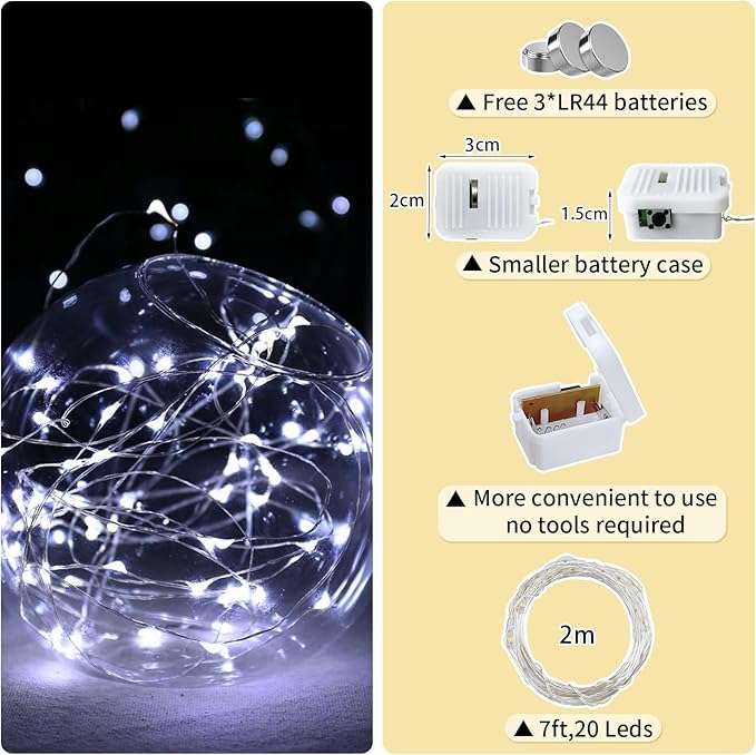 24 Pack White Fairy Lights Battery Operated, 7ft 20 LED Mini String Twinkle Lights for Christmas Halloween Easter Mason Jars Centerpiece Table Decorations (24, White)