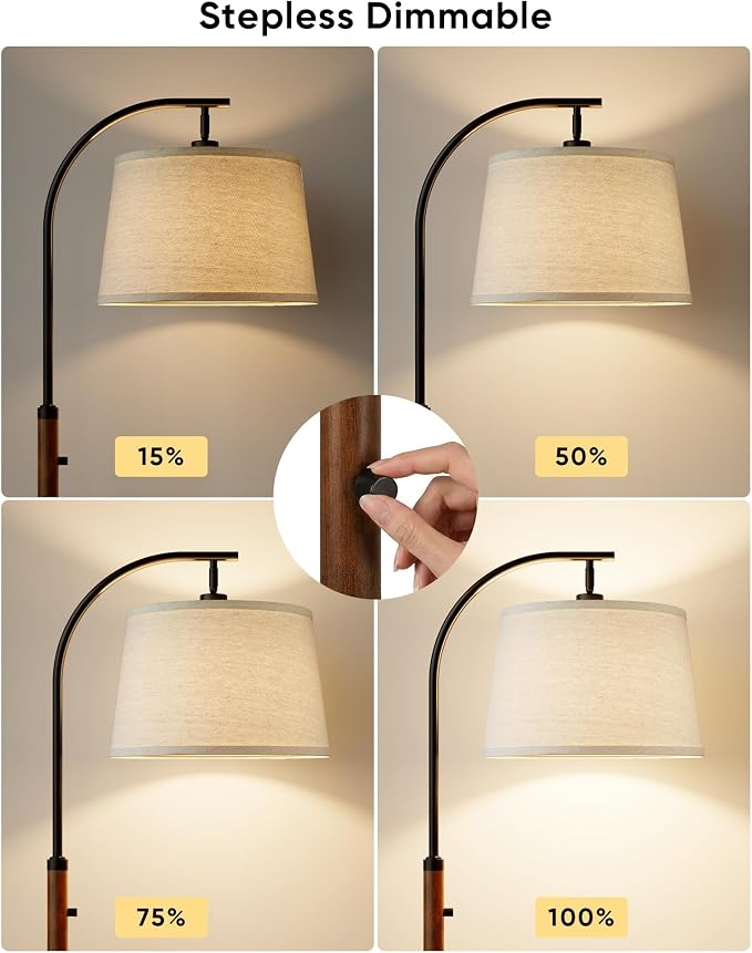 Dimmable Floor Lamp for Living Room, 65" Tall Metal Standing Lamp with LED Bulb, Mid Century Modern Arc Floor Lamp with Linen Shade for Bedroom, Reading Room, Office & Nursery, Black and Rustic Brown