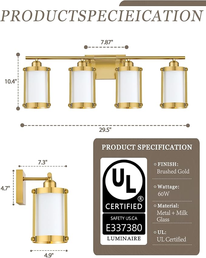 4-Light Brushed Gold Bathroom Light Fixtures with Milk White Frosted Glass, 29" UL-Listed Modern Wall Sconce Over Mirror with Metal Cage for Bath, Hardwire E26, OS-3014BGW-4W