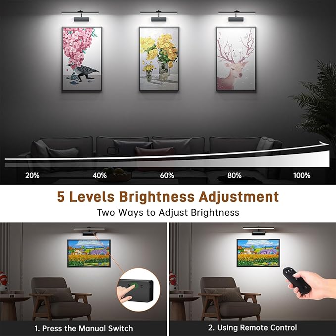 Picture Light, 15.35inch Picture Lights for Wall Rechargeable, Battery Lights for Pictures on Wall, 3 Color Art Lighting for Paintings with Timer and Dimmable Artwork Display (Black-2PCS)