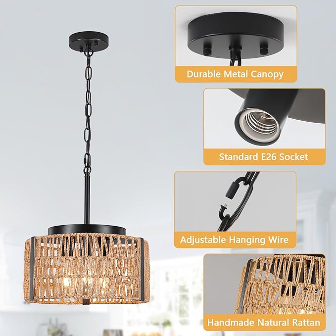 Boho Rattan Chandelier, 3-Light 13.7”Farmhouse Chandeliers Light Fixture with Rustic Wicker Rattan Pendant Light for Living Room,Kitchen Island Bedroom(E26 Bulbs Not Included)